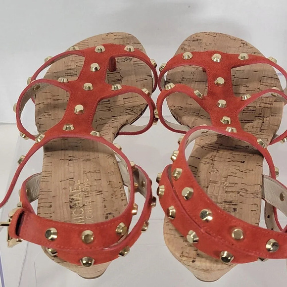 Michael Kors Women’s 9 Cork Wedge Orange Suede Studded Strappy Thong Sandals - Picture 8 of 10
